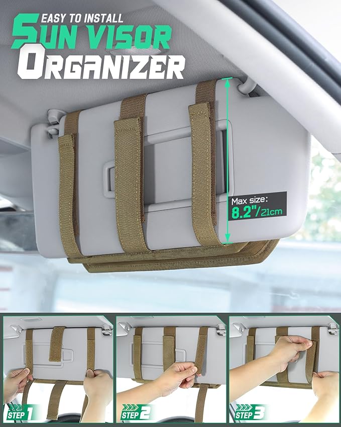 LIVANS Tactical Car Sun Visor Organizer, Automotive Semi-Rigid MOLLE Panel with Zipper Storage Pouch & Glasses Clip, Universal Fit for Trucks, SUVs, Jeeps & Patrol Vehicles (Khaki)
