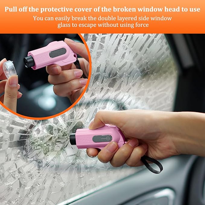 2-in-1 Window Glass Breaker Seatbelt Cutter, 2-Pack Emergency Keychain Car Escape Survival Tool, Safehammer for Land/Underwater, Pink