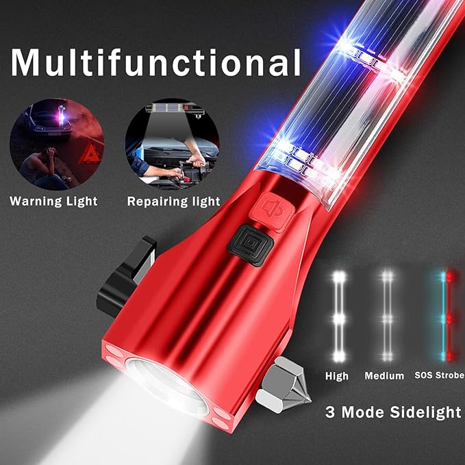 Car Glass Breaker Hammer with Flashlight, Multi-Function Rechargeable Emergency Escape tools with Window Breaker and Seatbelt Cutters,Bright Solar Torch， RescueAlarm Rescue, Strobe SOS Beacon