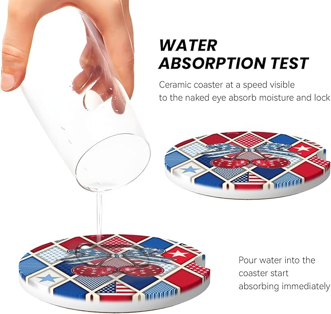 Absorbent Car Coasters for Cup Holders, 2 Pack Universal Anti Slip Ceramic Cup Coaster for Women Men 2.56 Inch Car Interior Accessories - Bow Tie Cherry Stars and Stripes 020