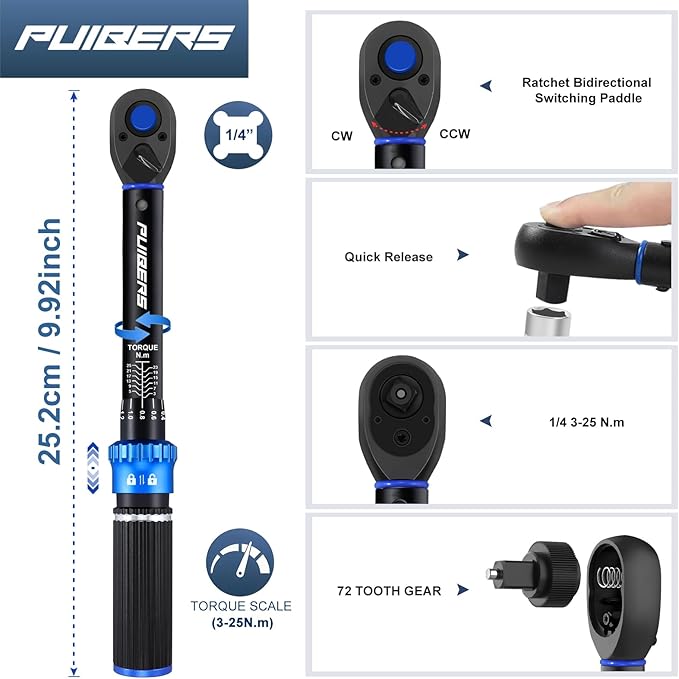 1/4 Inch Pound Torque Wrench, Bike Torque Wrench 1/4 3-25 NM/22.6-221.3 IN.LB，Dual-Direction Adjustable 72 Tooth Drive Small Newton Meter Wrenches for Bike, Motorcycle and Car Repair