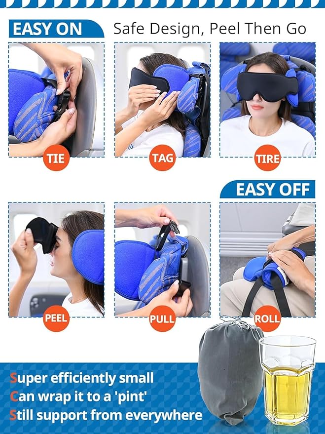Travel Pillows for Airplanes with Sleep Eye Mask, Chin Strap, Airplane Pillow for Long Flights, Car Road Trip, 360° Headrest, Stop Bobblehead, Red