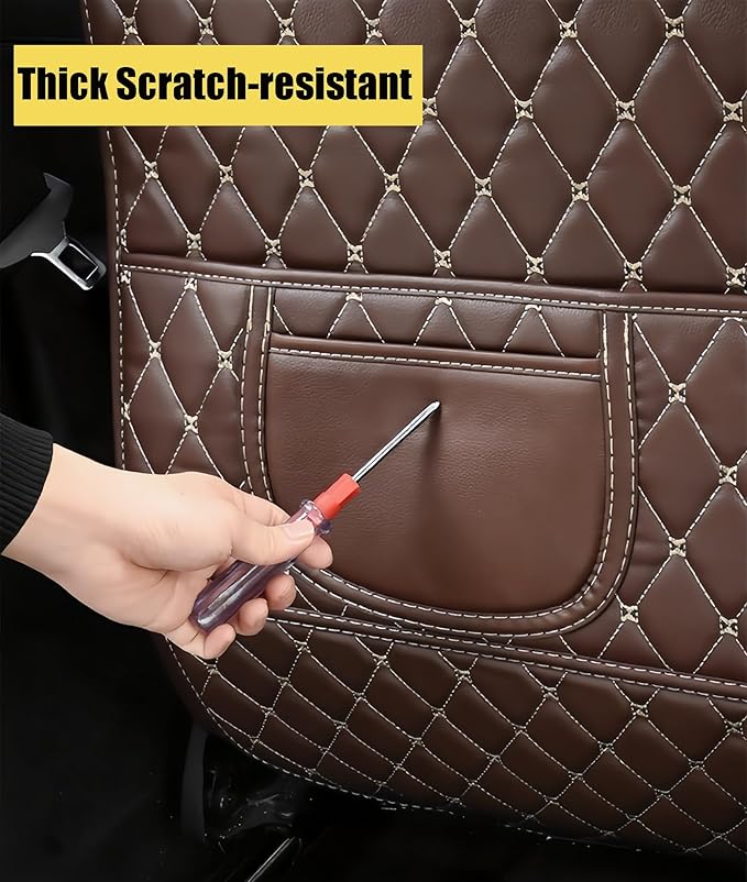 Leatherette Car Seat Protector - 2 Pack Large Car Kick Mats with Storage Pockets Organizer Seat Back Cover Against Dirty Shoes & Scratches, Universal Fit for Most Vehicles, Coffee