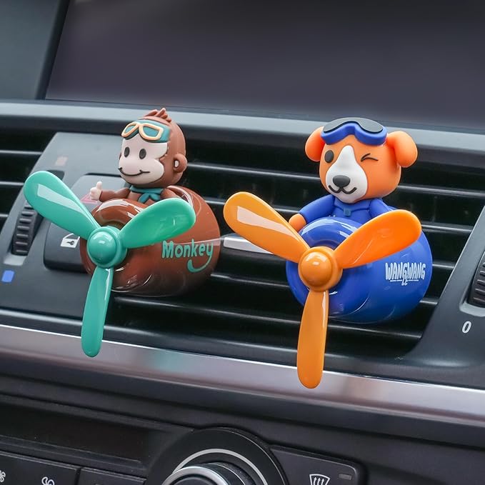 2 Pcs Pilot Car Air Fresheners, Cute Monkey Car Vent Clip Air Freshener with 8 Fragrant Tablets Automotive Air Outlet Fan Diffuser, Automotive Interiors Vent Decoration (Monkey+Tiger)