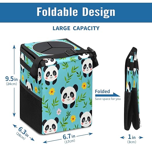 Car Trash Can with Lid, Small Portable Hanging Automotive Garbage Bin for Vehicles, Leakproof Waste Bag Container for SUV Truck Van Interior Auto Travel Road Trips(Panda and Bamboo Leaves)