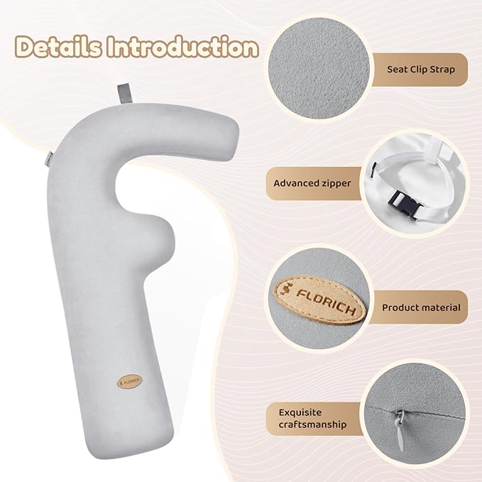 FLORICH Memory Foam Kids Travel Pillow, Car Sleeping Pillow, F-Shape Car Pillows for Adults and Children, Traveling Car Pillow for Kids with Removable Pillowcase (Grey)