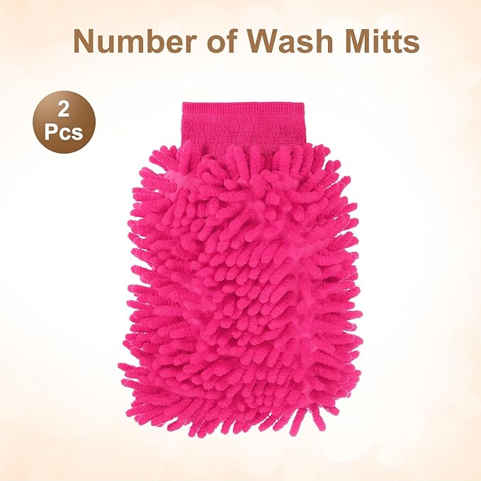 HARFINGTON 2pcs Premium Chenille Microfiber Car Wash Mitts 9.8" x 7.9" Scratch Free Wash Gloves Absorbent Double Sided Plush Cleaning Drying Mitts for Car Washing Home Rose Red
