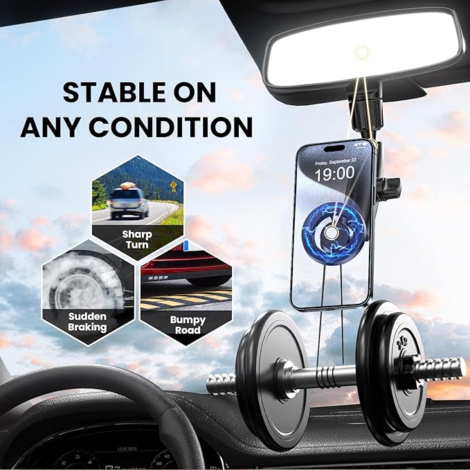 Magnetic Phone Holder for Car, Rear View Mirror Phone Holder, 360° Rotating Car Phone Mount, Compatible with iPhone 17/16/15/14/13/12 Series and All Phones with Magsafe Case or Metal Ring