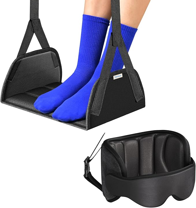 3 in 1 Airplane Travel Essentials Kit, Travel Pillow with Head Support, 3D Eye Mask for Sleeping, No Collapse Foot Hammock for Airplane, Portable Long Flights/Car Road Trip Essentials Sets