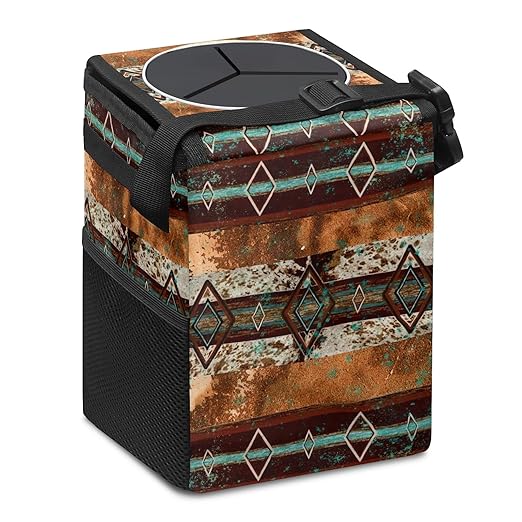 Teal Western Cow Print Car Trash Can with Lid Collapsible Reusable Waterproof Car Garage Bag,Automotive Garbage Can,Car Accessories Interior Car Organizer