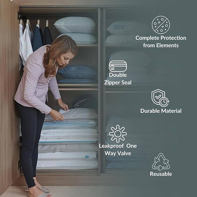 10 XL Jumbo Vacuum Storage Bags with Pump, Extra Large Compression Space Saver for Comforter, Duvet, Bedding, Blanket Storage, Vacuum Seal Bags for Clothing, Luggage Closet Organizer