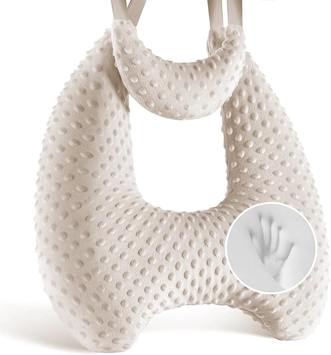 Memory Foam Kids Travel Pillow, Car Pillow for Kids, H-Shape Car Pillows for Sleeping, Removable Pillowcase, Adjustable, Velvet Dots, Beige