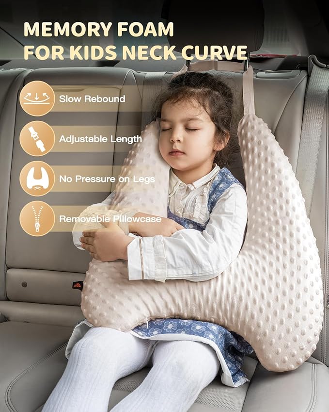 Memory Foam Kids Travel Pillow, Car Pillow for Kids, H-Shape Car Pillows for Sleeping, Removable Pillowcase, Adjustable, Velvet Dots, Beige