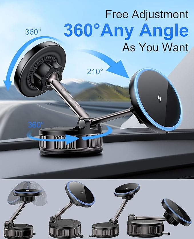 iPhone Magsafe Car Mount Charger [15W Fast Wireless Charging, 120+ LB Strongest Suction & 2800gf Strongest Magnetic] 360° Adjustable Car Phone Holders for your car, for iPhone 17 16 15 14 13 12 series