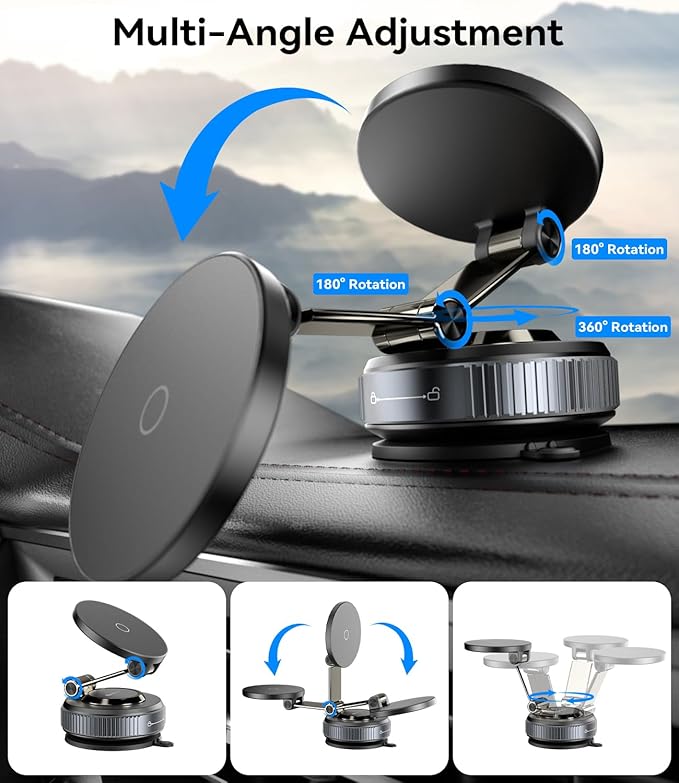 Vacuum Magnetic Phone Holder, 360° Adjustable Magnetic Car Phone Holder, 2025 Upgraded Magsafe Suction Cup Phone Mount for Your Car/Gym/Mirror Mount for iPhone & Android