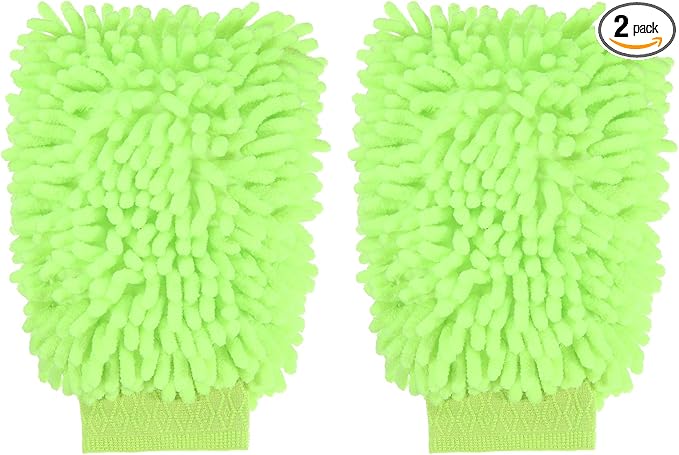 HARFINGTON 2pcs Premium Chenille Microfiber Car Wash Mitts 9.8" x 7.9" Scratch Free Wash Gloves Absorbent Double Sided Plush Cleaning Drying Mitts for Car Washing Home Light Green