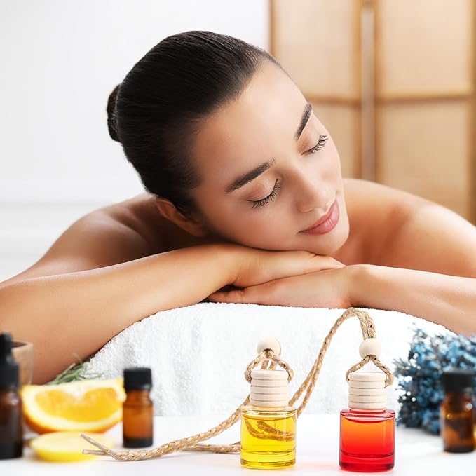 Domensi 70 Pieces Hanging Car Diffuser Air Freshener Bottle Bulk Empty Glass Refillable Perfume Bottles Oil Diffuser Aromatherapy Pendant for Auto Interior Ornaments Decor (Multicolor)