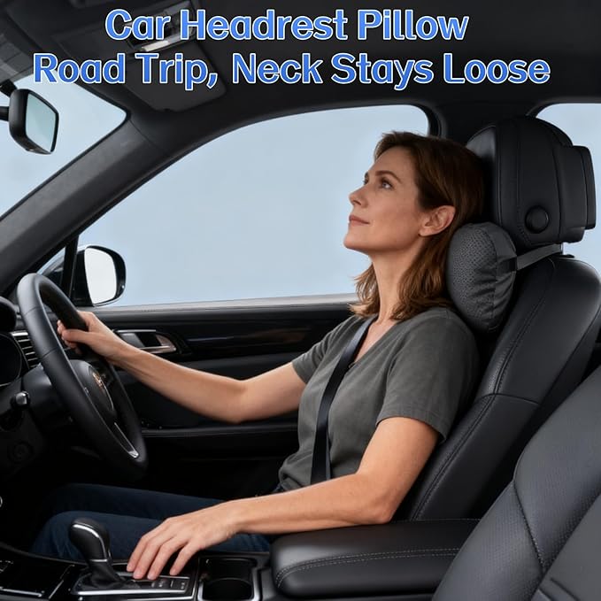 CarCarte Car Headrest Pillow, 2 Pack Car Neck Pillows for Neck Support, Super Soft Ergonomic Du-Pont Bio Cotton Head Rest Pillow for Driving Travel Pillow with Adjustable Strap (Black, Shaped Style)