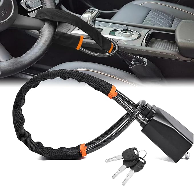 DualGuard Car Steering Wheel & Seat Belt Lock - 17" Universal Anti-Theft Device for Vehicles, SUVs, Golf Carts | Compact & Lightweight Security Lock with Multi-Function Keys (Black)