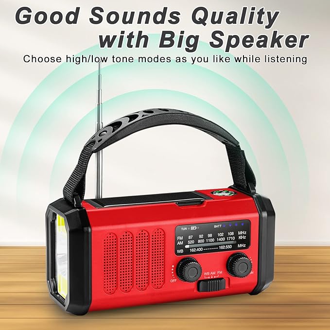 Emergency Crank Radio10000mAh/37000mWh AM/FM/NOAA Weather Radio, Solar/Hand Crank/USB Charging, LED Flashlight and Cell Phone Charger for Valentines Day Gifts Outdoor, Camping & Home Emergencies