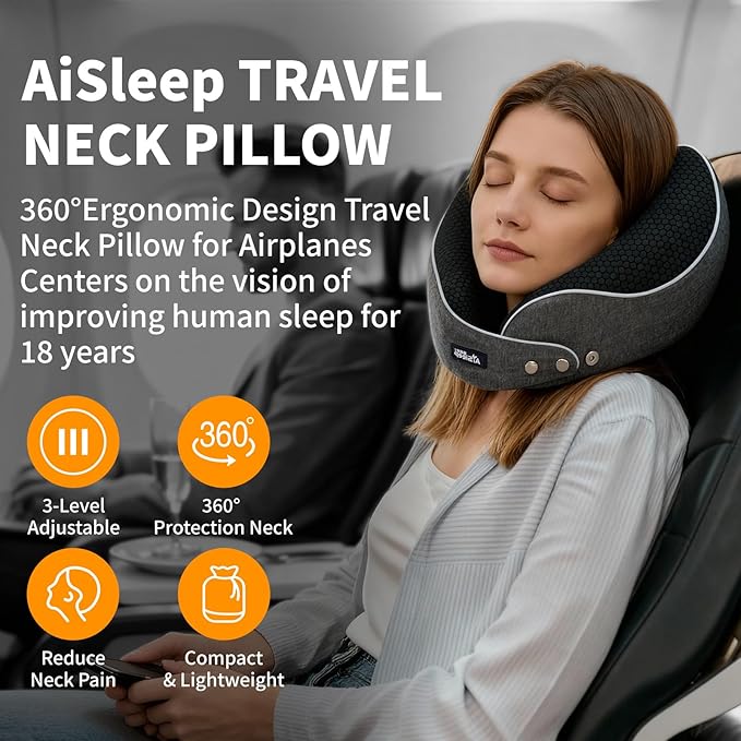Travel Pillow, Memory Foam Neck Pillow Airplane, Travel Pillows for Airplanes, 360º Ergonomic Design Travel Neck Pillow for Travel, Car Rides, and Home, Ideal for Adults and Kids