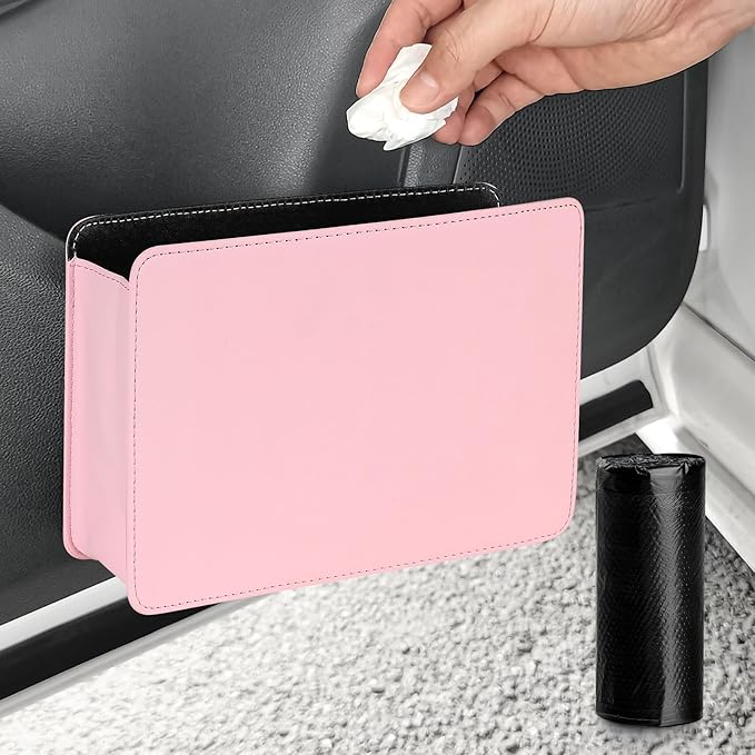 Accmor Car Trash Can, Foldable Leather Vehicle Garbage Organizer Bin with 30 Pcs Trash Bags, Mini Leak-Proof Auto Dustbin Storage Container Accessories for Cars Vans SUVs (Pink)