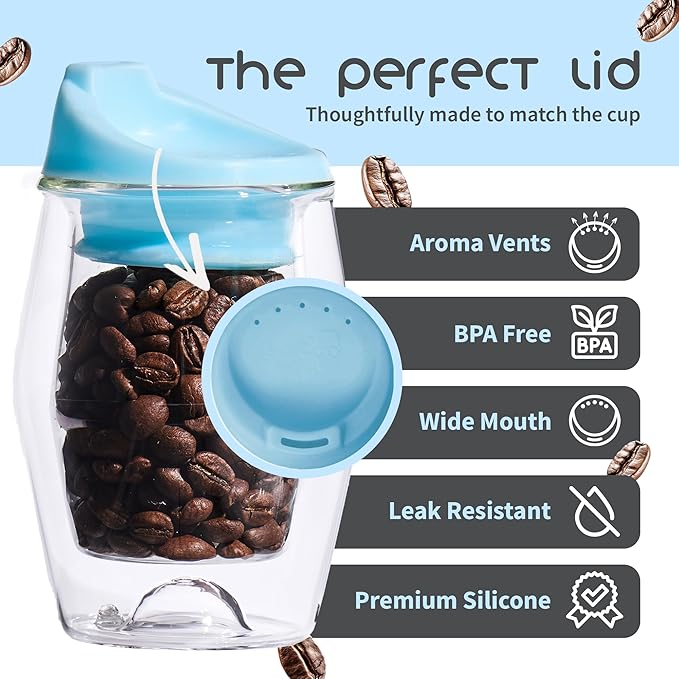 To-Go Espresso Glass Travel Mug with Lid, Reusable Double Wall Glass Tumbler, Fits Most Coffee Makers/Cupholders for Your Car, Gifts for Coffee Lovers, 2-Pack Iced Blue Cortado Cups