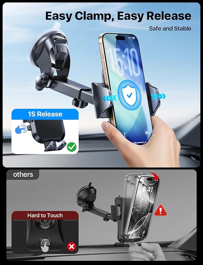 andobil Car Phone Holder Mount (Strong Suction&Bumpy Road Stable) Phone Holders for Your Car, Cell Phone Car Mount for Windshield Dash Vent Truck Cradle Stand for iPhone 17 16 15 14 Pro Max, Blue