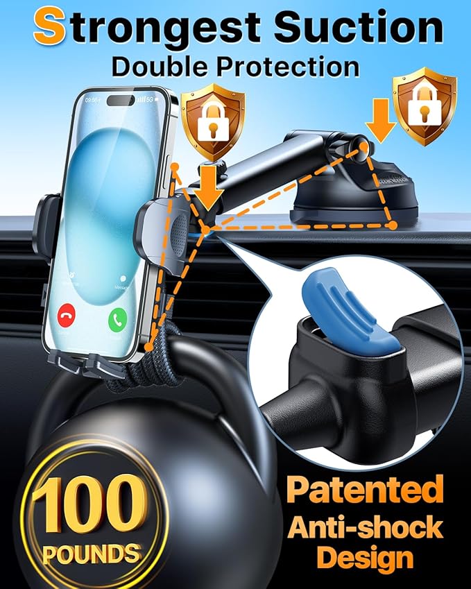 2026 Ultimate Best【True Military-Grade & Safety Cert】Car Phone Holder HTU【Upgraded 5-in-1 & 100+LBS Strongest Suction】360 Rotation Truck Windshield Dashboard Vent Mount Stand for iPhone Android, Blue