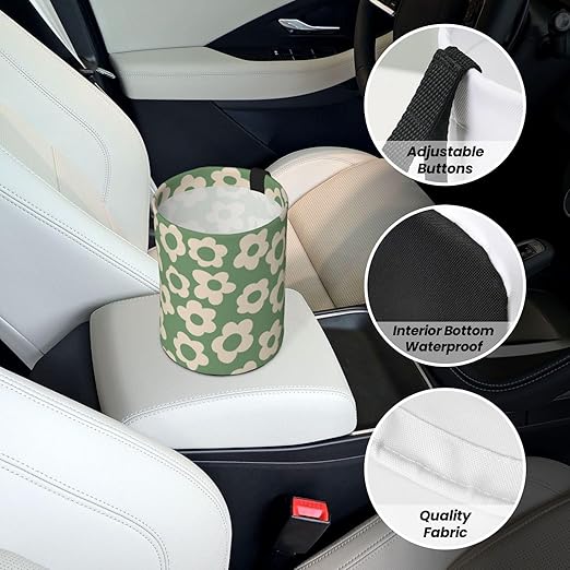 Car Trash Bag Vintage Green Groovy Flowers Waterproof Trash Small Car Can Portable Collapsible Car Garbage Can Hanging for Back Seat Floor or Hanging Headrest Car Decor Road Trip Essentials