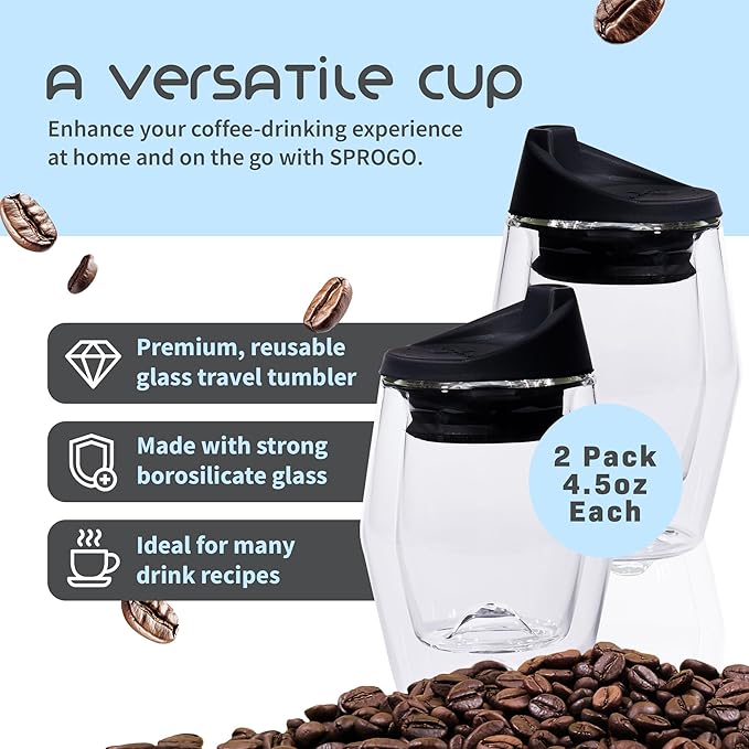 To-Go Espresso Glass Travel Mug with Lid, Reusable Double Wall Glass Tumbler, Fits Most Coffee Makers/Cupholders for Your Car, Gifts for Coffee Lovers, 2-Pack Almost Black Cortado Cups