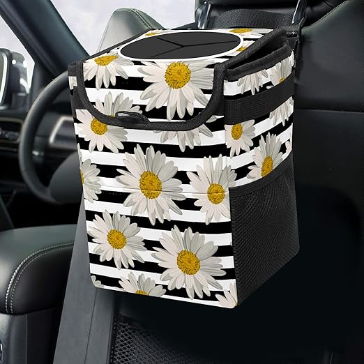 White Black Striped Daisy Car Trash Can with Lid Collapsible Reusable Waterproof Car Garage Bag,Automotive Garbage Can,Car Accessories Interior Car Organizer