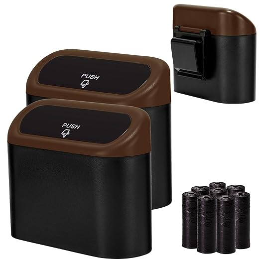 Ginsco 2 Pack Mini Car Trash Can with Lid, Small Car Garbage Can, Cute Leakproof ABS Car Trash Bin, Car Accessories for Interior, Garbage Bin for Car, Home, Office with 120pcs Trash Bags Black/Brown