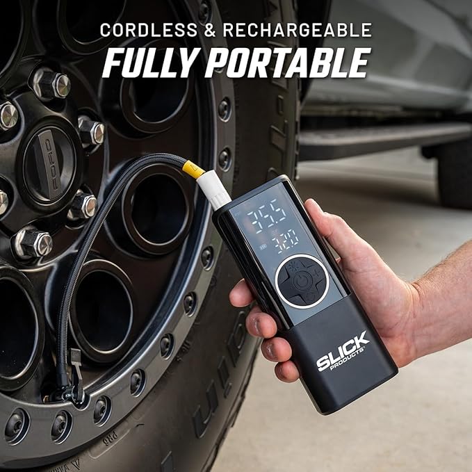 Slick Products Portable Digital Air Pump Tire Inflator – Cordless Rechargeable 150 PSI Pump with LED Flashlight, Power Bank, Presta Valve Adapter, Ball Needle, Power Cord and USB Cable