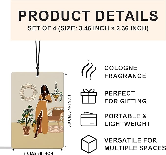 Modern Boho Black Woman Car Air Freshener 4 Pcs, Boho Minimalist Tropical Botanical Air Freshener Hanging for Cars Books Closet Drawer, Car Accessories Gifts for Black Women Girls