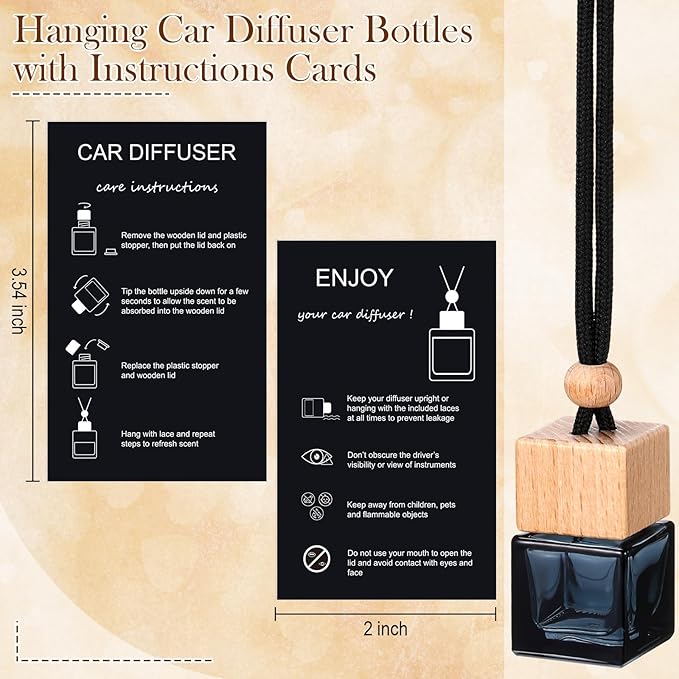 100 Sets Car Diffuser Bottles Empty Bulk Hanging Car Air Freshener Diffuser Bottles Bulk Glass Perfume Holder with Instruction Cards for Essential Oil Fragrance Pendant(Square,Black)