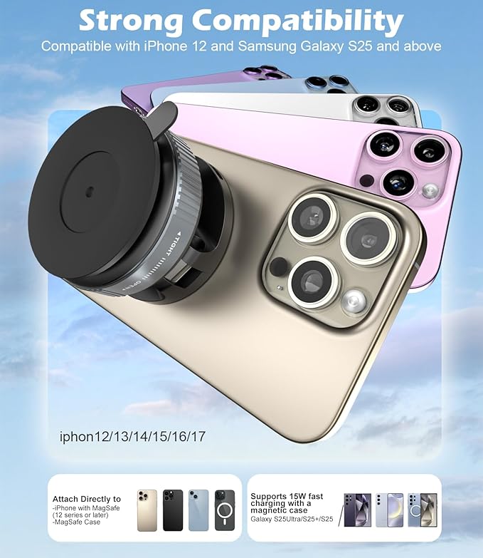 CloudValley 15W Wireless Fast Charging Car Phone Mount, Nano Gel Vacuum Suction Magnetic Phone Holder, 360° Adjustable Car Mount for iPhone 17/16/15/14/13, Strong Grip on Rough Surfaces