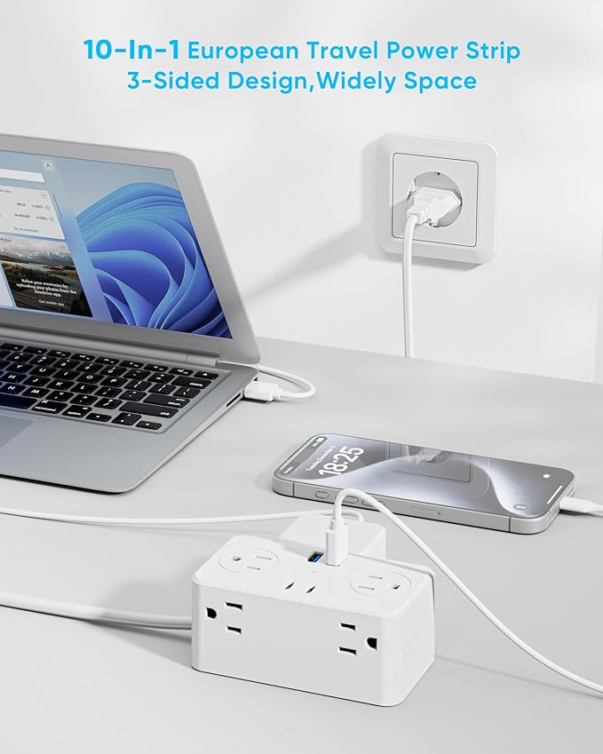 European Travel Plug Adapter, EU/UK/US Travel Adapter Power Strip, 6 AC Outlets, 20W USB C Power Delivery, 3ft Wrapped Around Extension Cord, Compact for Travel