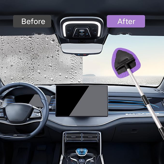 10pcs Windshield Cleaning Tool Inside Car Window Cleaner Wash Kit with 4 Reusable Microfiber Pads 1 Spray Bottle and Extendable Handle Interior Auto Glass Wiper Kit, Purple