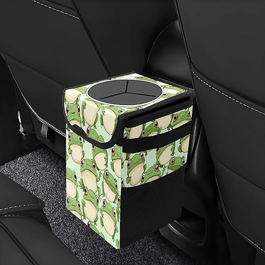 Car Trash Can with Lid & Multiple Pockets,Foldable Vehicle Garbage Bin Waterproof & Leak Proof Automotive Garbage Cans Car Accessories for Women Men Road Trip Essentials Frogs