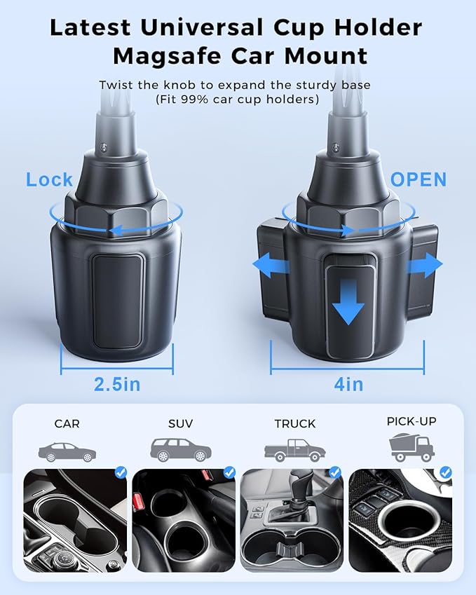 SUPERONE 2026 Upgraded for MagSafe Cup Holder Charger, MagSafe Car Mount Charger 15W Fast Charging with Adjustable Gooseneck for iPhone 17 16 15 14 13 12 Pro Max Plus Mini MagSafe Case