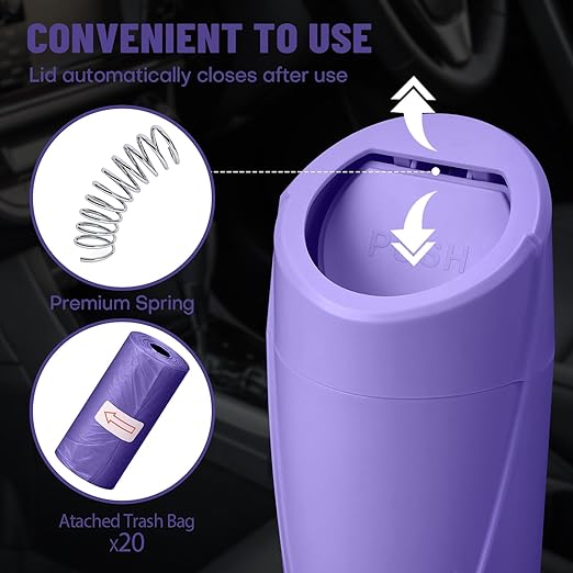 Car Trash Can Bin with Lid - Car Garbage Can Cup Holder - Purple Mini Leakproof Vehicle Garbage Bin with 20pcs Trash Bags-Automotive Organizers and Storage for Front Back Seat Accessories