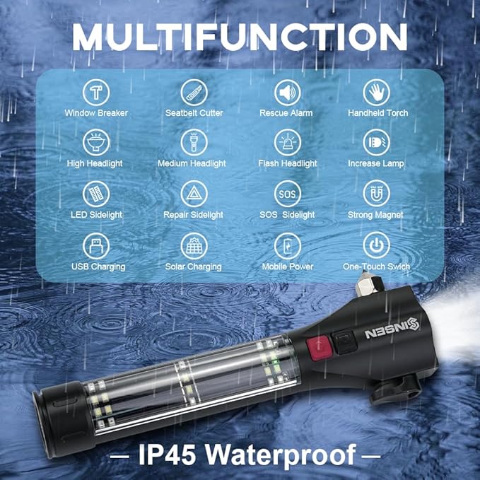 SINSEN Car Safety Hammer Flashlight, Tactical Emergency Rescue Tool, LED High Lumens Rechargeable Solar Powered Escape Kit, Window Glass Breaker and Seatbelt Cutter, Self Defense Multi-Function Torch