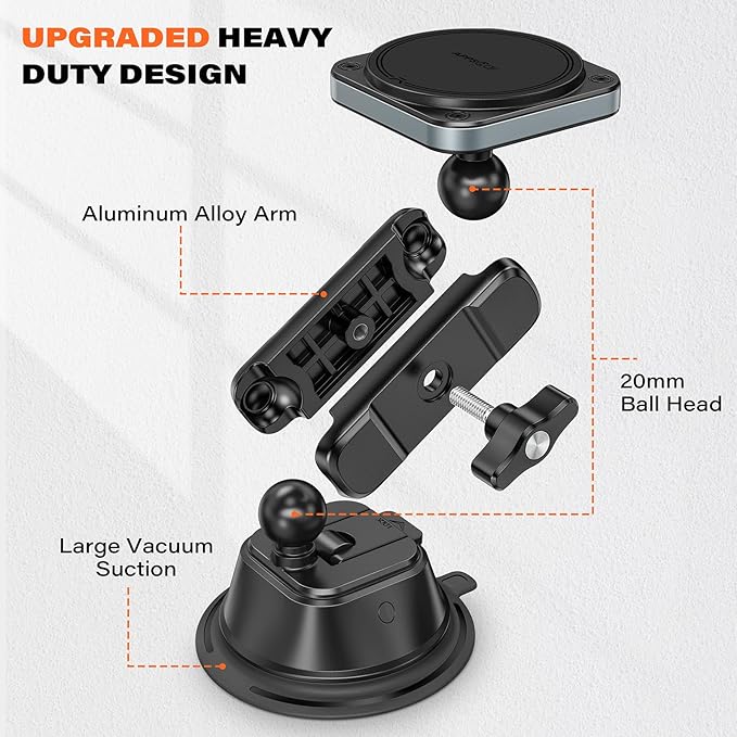 APPS2Car Heavy-Duty Vacuum Suction Phone Mount [Industrial 20x N55 Magnet, Alloy Arm, Ultra-Stable Suction Cup] for iPhone MagSafe/Samsung/Android, Magnetic Phone Holder for Car Windshield Dashboard