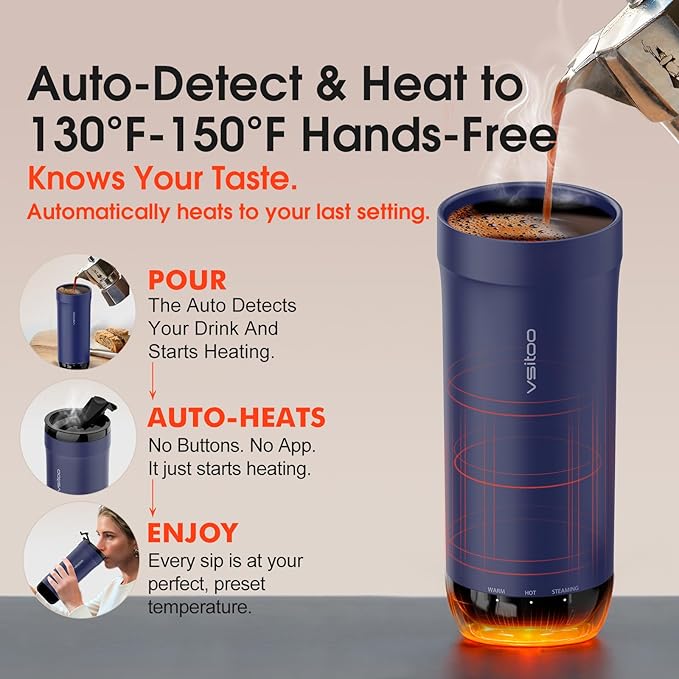 VSITOO S5 heated travel mug,16oz, Auto-Sensing AI Heats Drinks To 120-150°F Hands-Free. Temperature Control for All Cars, Perfect for Home/Office/Travel/Outdoor, Ideal Gift for Coffee Lovers - Blue