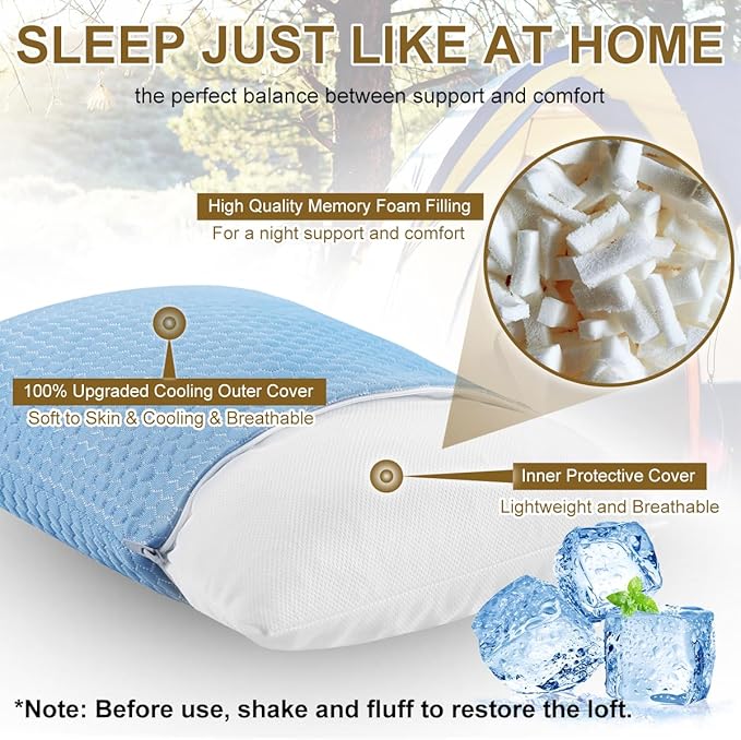 Ivellow Travel Pillow Cooling Camping Pillow for Sleeping Compressible Shredded Memory Foam Pillow Compact Firm Supportive Pillow for Adults Kids Outdoor Backpacking Hiking Essential Gear Blue M