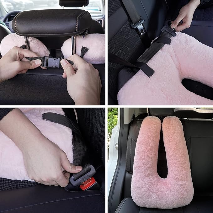 Pink Soft Cotton Travel Neck Pillow -Ergonomic Support for Child and Adult Car Seats, Cozy Compact Pillow for Long-Distance Travel Essentials