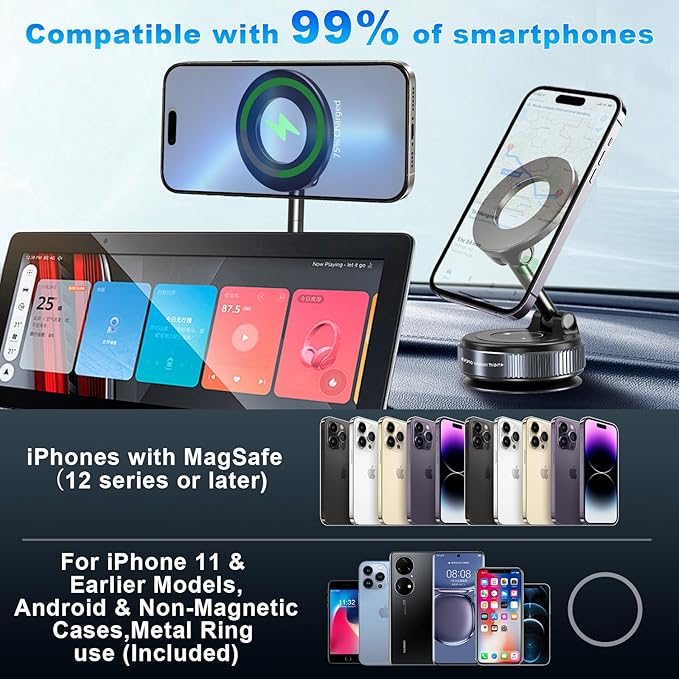 Vacuum Magnetic Phone Holders for Your Car, 360° Adjustable Car Phone Holder for Magsafe with Powerful Magnet, Folding Car Mount for iPhone 17 Pro Max 16 15 14 13 12 Air Plus & Android