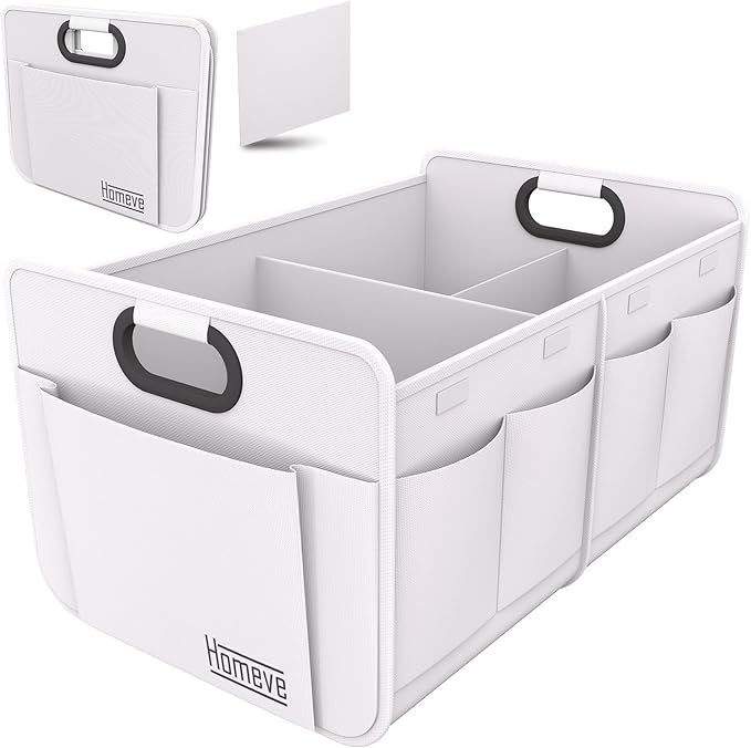 Homeve Car Trunk Organizer, Car Storage, Reinforced Handles, Collapsible Multi-Compartment Car Organizers (White, 2 Compart)