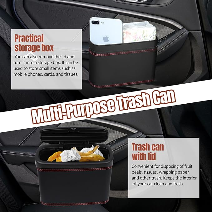 Wuyaoyao Car Trash Can with Lid, Leather Automotive Trash Bin with Garbage Bags, Leakproof Cars Door Hanging Garbage Can, Mini Multi-Purpose Vehicle Storage Organizer, Interior Car Accessories (Black)